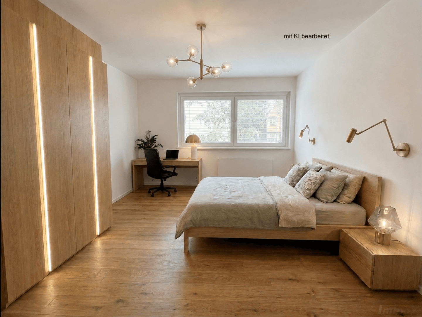Helles Schlafzimmer mit Holzboden, großem Fenster und integriertem Kleiderschrank.