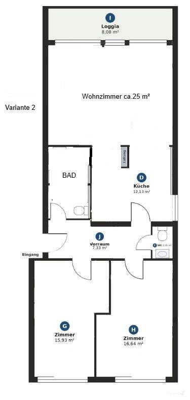 Grundriss Variante 2 mit Wohnzimmer, Küche, Bad, Vorraum und zwei weiteren Zimmern sowie Loggia.