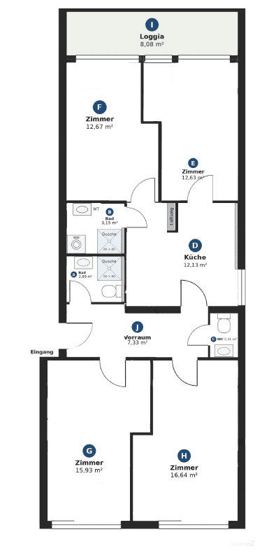 Detaillierter Grundriss mit Loggia, zwei Bädern, Küche und mehreren Zimmern.