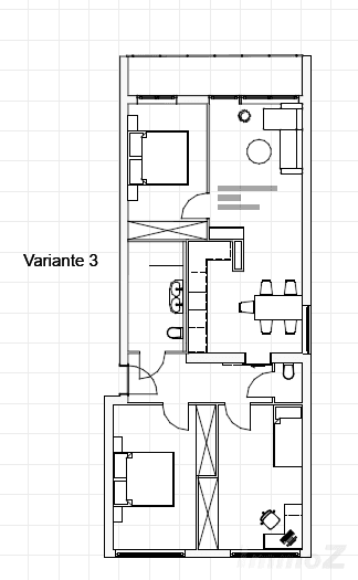 Schematischer Grundriss Variante 3 mit Möblierungsvorschlägen für die einzelnen Räume.