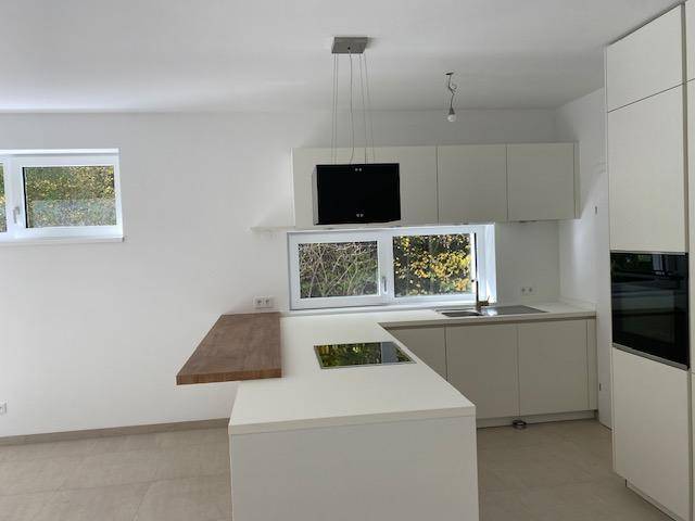 Moderne Einbauküche mit Kochinsel, Induktionskochfeld und Blick in die Natur.