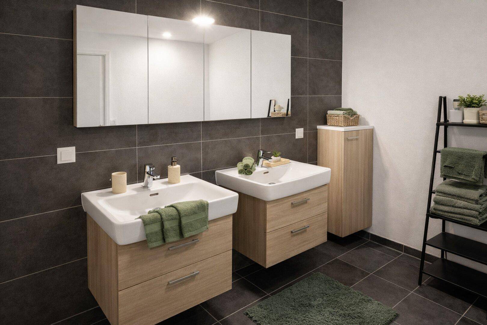 Modernes Badezimmer mit zwei Waschbecken, großem Spiegelschrank und dunklen Fliesen.
