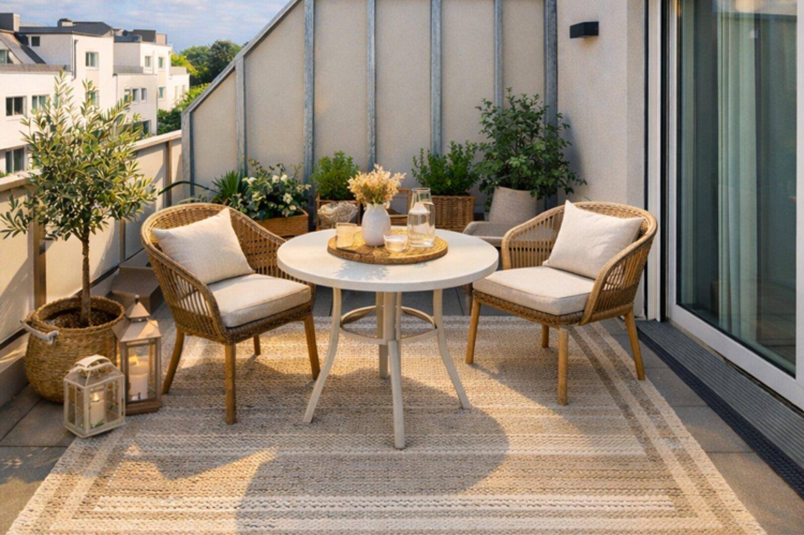 Sonniger Balkon mit Rattanmöbeln, Pflanzen und Blick auf die Wohngebäude.
