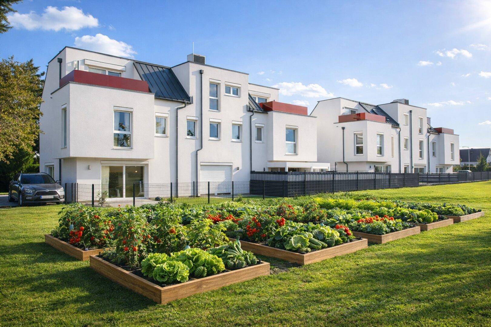 Moderne Reihenhäuser mit weitläufigem Gartenbereich und Hochbeeten für den Anbau.