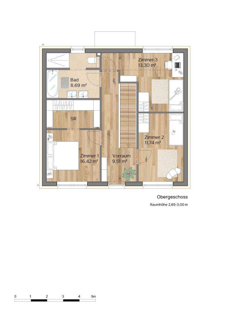 Grundriss des Obergeschosses mit drei Schlafzimmern, einem Badezimmer und einem Abstellraum.