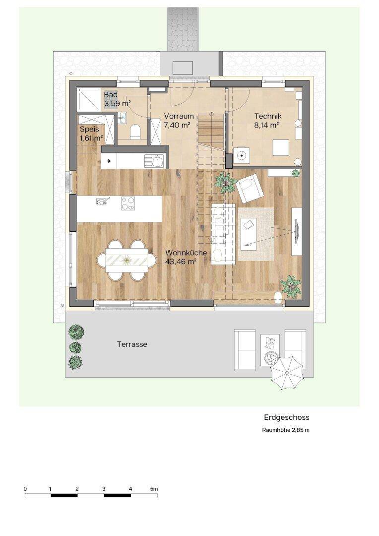 Grundriss des Erdgeschosses mit offener Wohnküche, Speisekammer und direktem Zugang zur Terrasse.