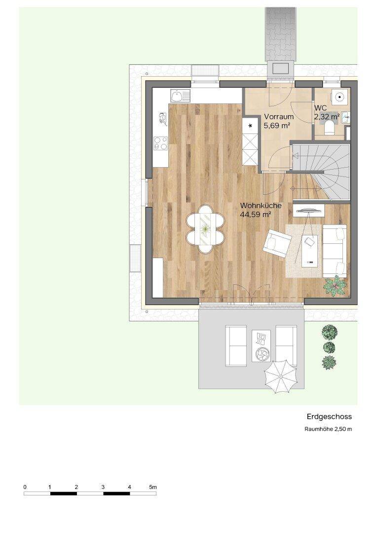 Grundriss des Erdgeschosses mit offener Wohnküche, Gäste-WC und Zugang zur Terrasse.