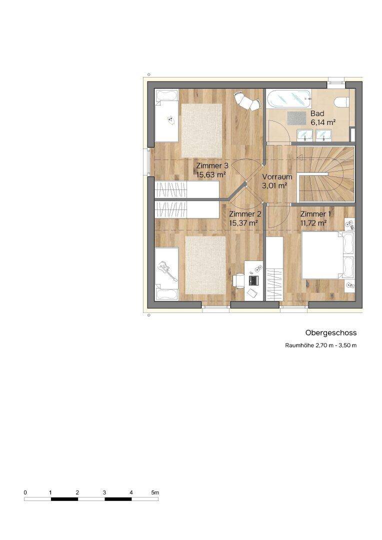 Grundriss des Obergeschosses mit drei Schlafzimmern, einem Badezimmer und integrierten Schränken.
