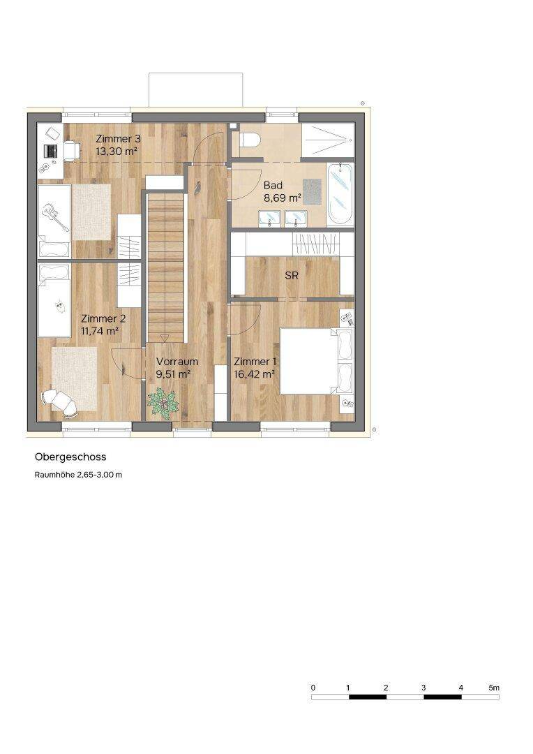 Grundriss des Obergeschosses mit drei Schlafzimmern, einem Badezimmer und Stauraum.