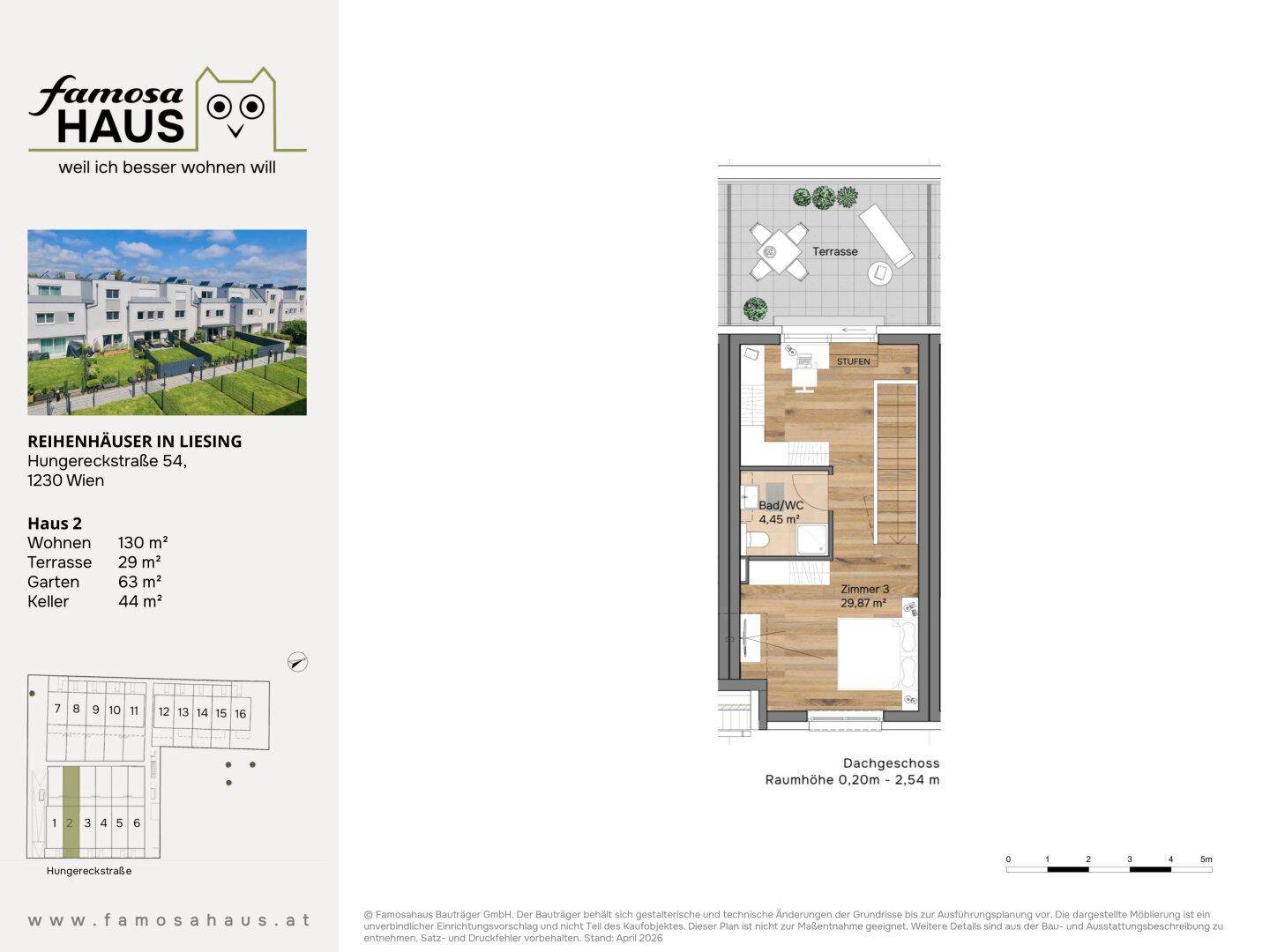 Grundriss des Dachgeschosses mit einem Schlafzimmer, Bad/WC und einer großzügigen Dachterrasse.