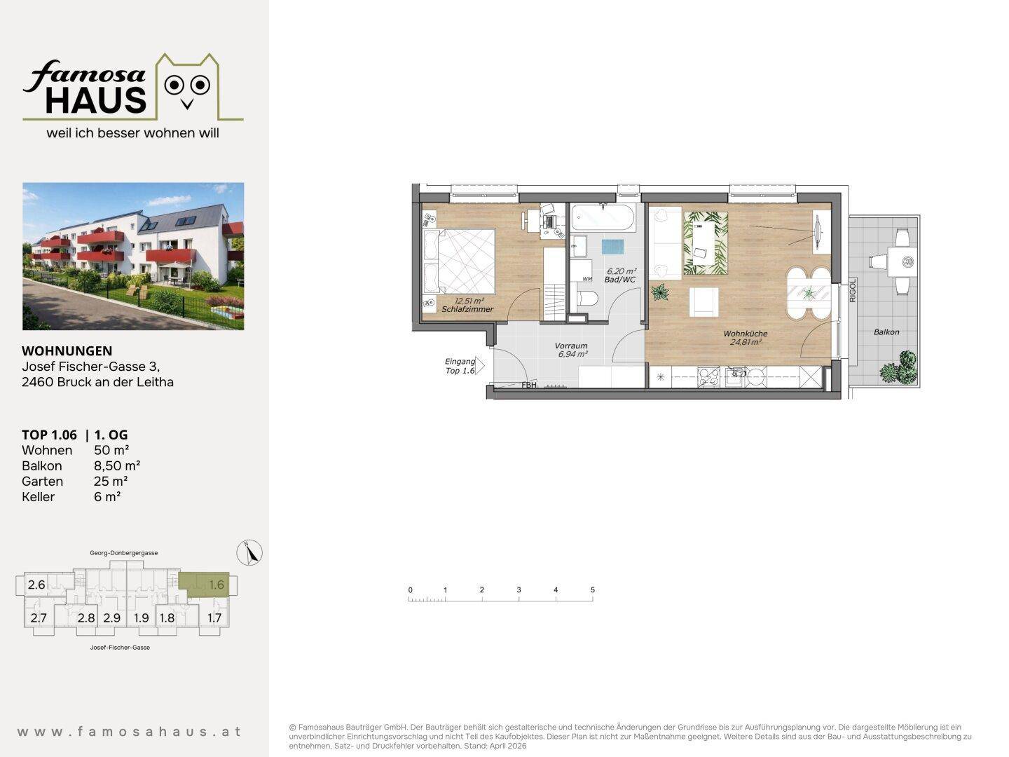 Grundriss einer modernen Wohnung mit einem Schlafzimmer, offener Wohnküche, Bad und Balkon.