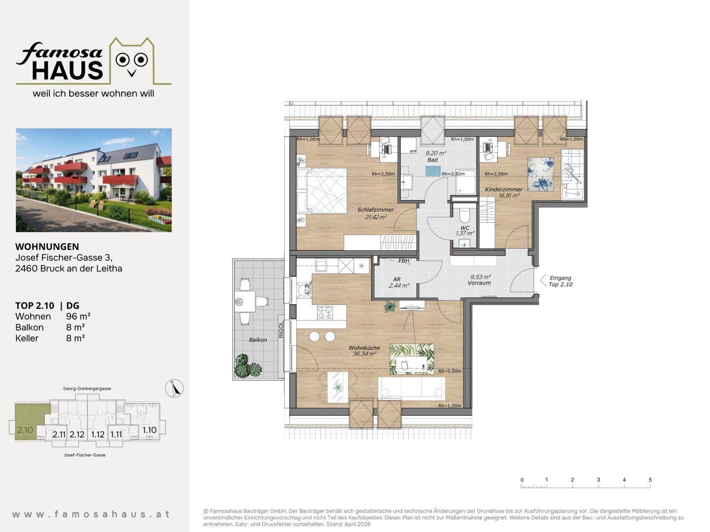 Detaillierter Grundriss einer Wohnung mit offenem Wohn- und Küchenbereich, zwei Schlafzimmern, Bad, separatem WC und Balkon.