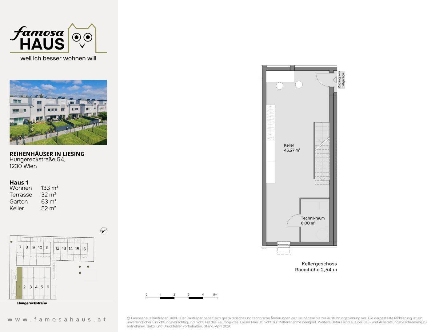 Grundriss des Kellergeschosses mit großem Kellerraum und Technikraum für Haustechnik und Lagerung.