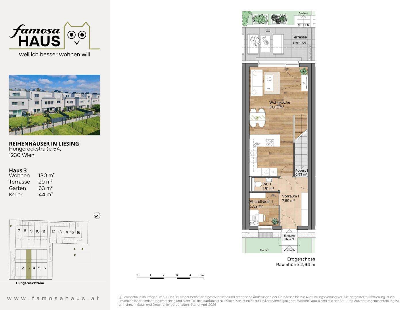 Grundriss des Erdgeschosses von Haus 3 mit Wohnbereich, WC, Abstellraum und Zugang zur Terrasse.