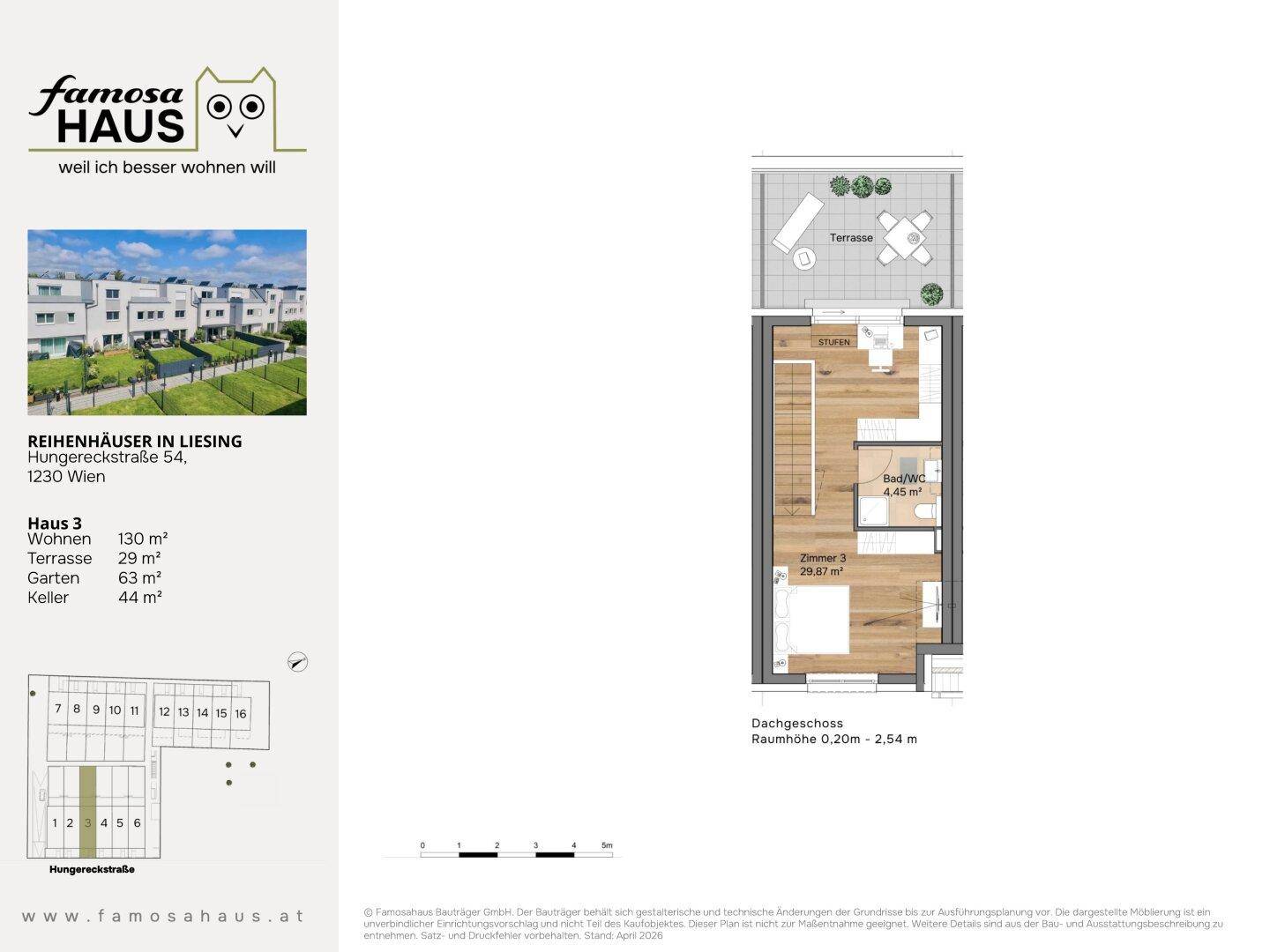 Grundriss des Dachgeschosses von Haus 3 mit einem Zimmer, Bad/WC und einer großzügigen Dachterrasse.