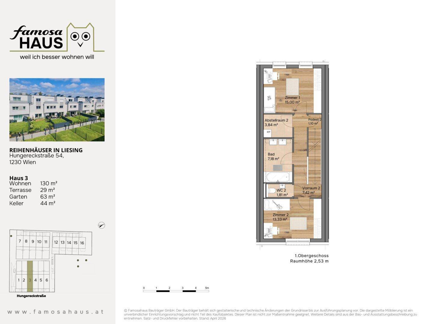 Grundriss des ersten Obergeschosses von Haus 3 mit zwei Schlafzimmern, Bad und separatem WC.