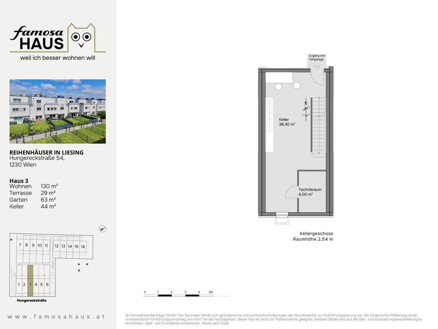 Grundriss des Kellergeschosses von Haus 3 mit Kellerraum und Technikraum für Haustechnik.
