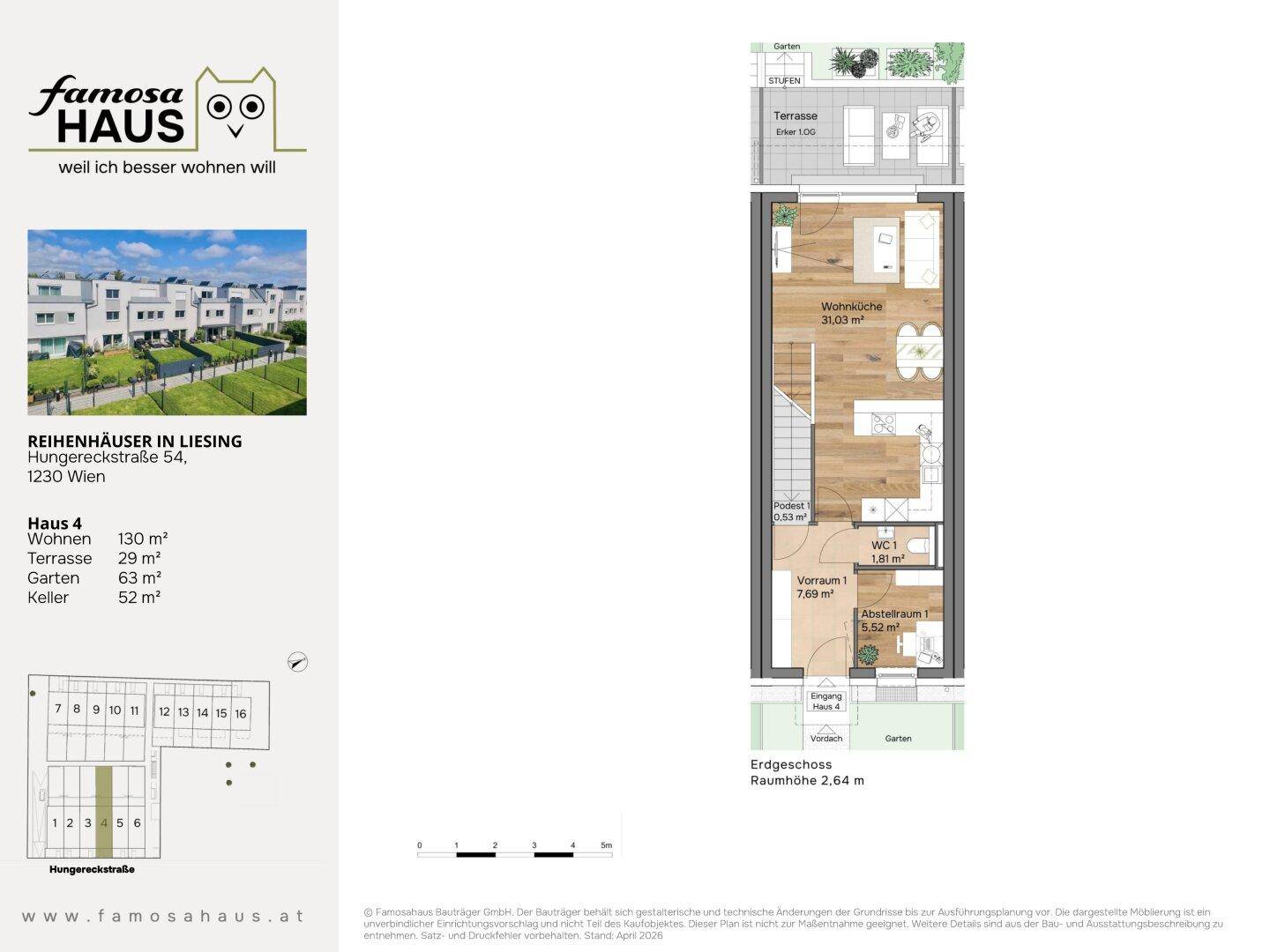 Grundriss des Erdgeschosses mit offenem Wohnbereich, Terrasse und Garten.