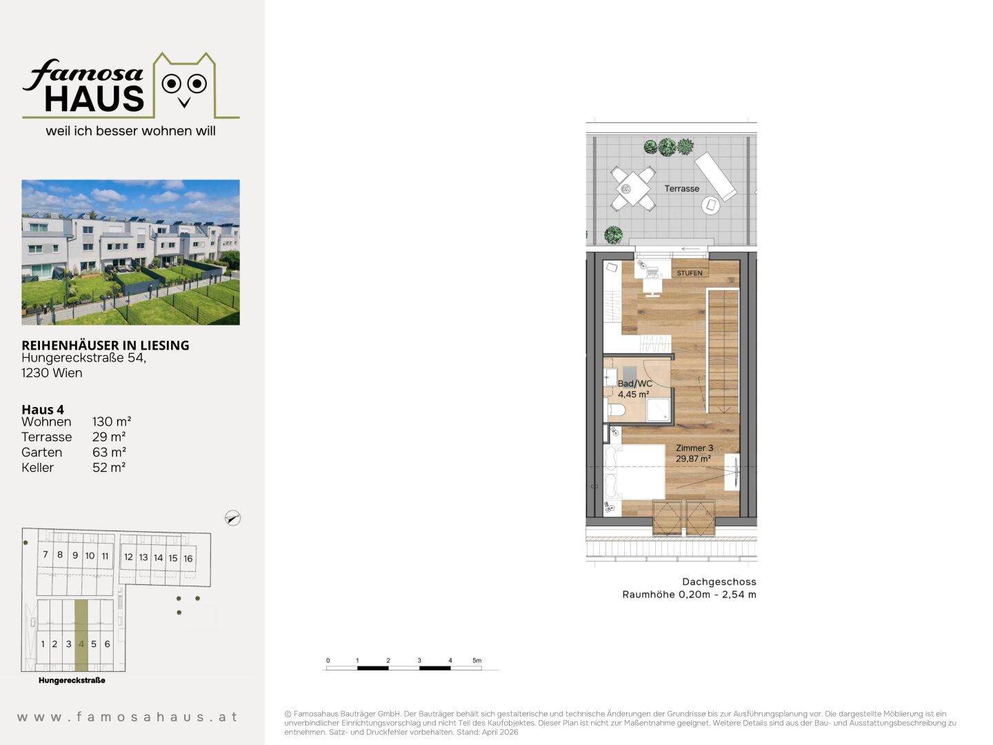 Grundriss des Dachgeschosses mit Schlafzimmer, Bad und großer Dachterrasse.