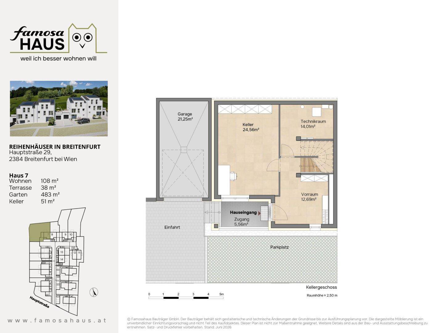 Grundriss des Kellergeschosses mit Garage, Kellerraum, Technikraum und Hauseingangsbereich.