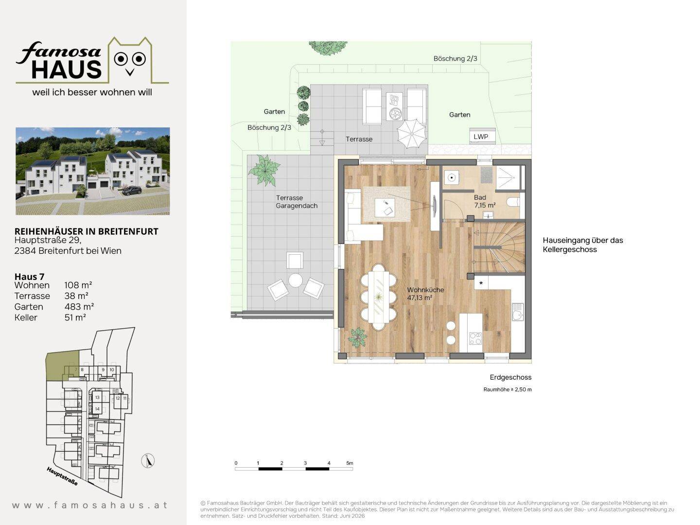 Grundriss des Erdgeschosses mit offener Wohnküche, Bad und Zugang zu Terrasse und Garten.