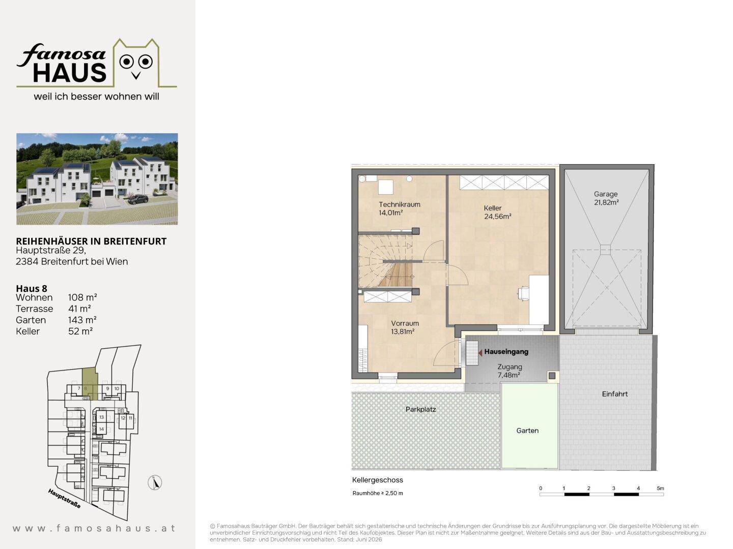 Grundriss des Kellergeschosses mit Garage, Technikraum, Abstellräumen und direktem Zugang zum Haus.