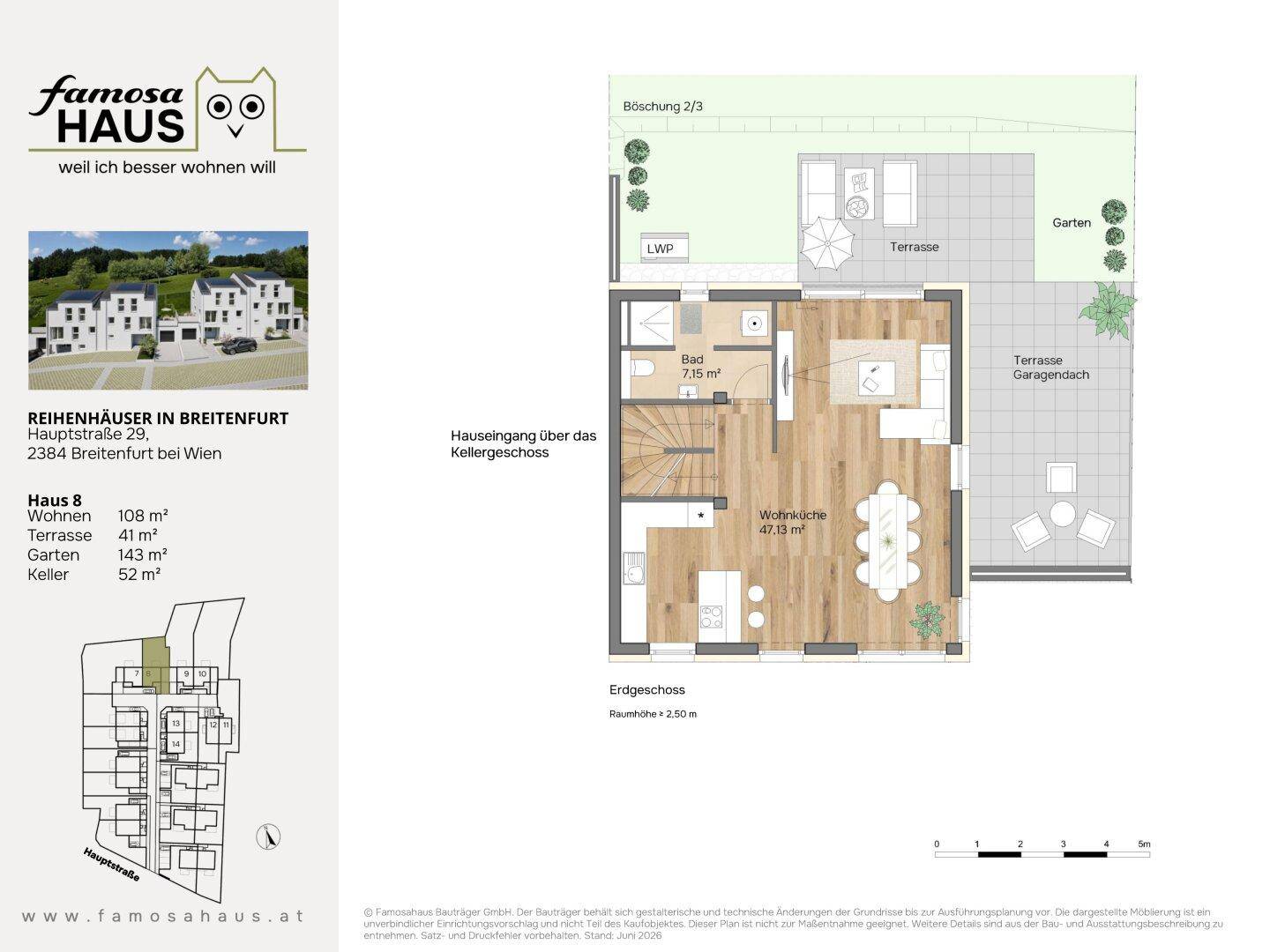 Grundriss des Erdgeschosses mit offener Wohnküche, Zugang zur Terrasse und zum Gartenbereich.