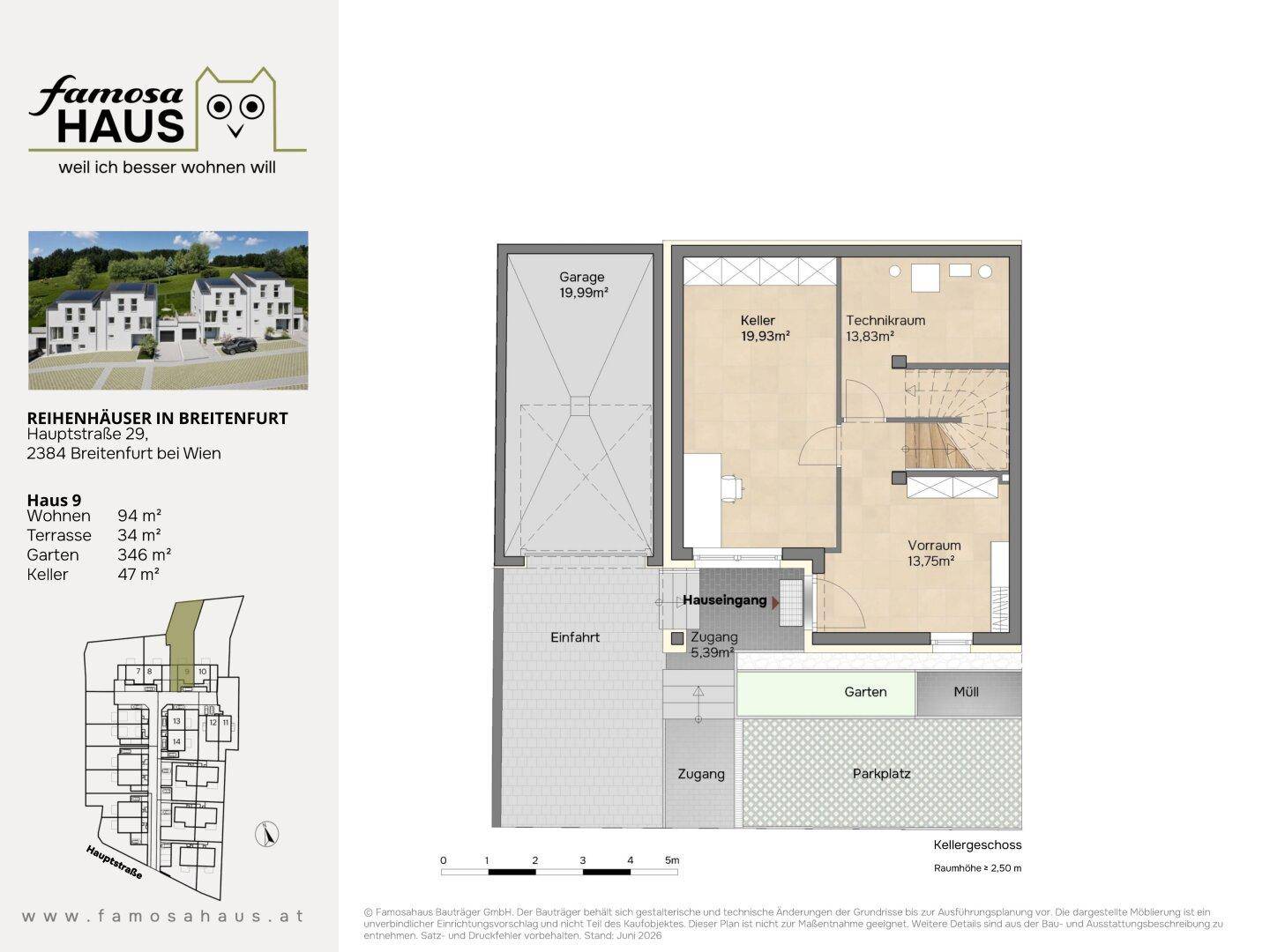 Grundriss des Kellergeschosses mit Garage, Kellerraum, Technikraum und Zugang zum Garten.
