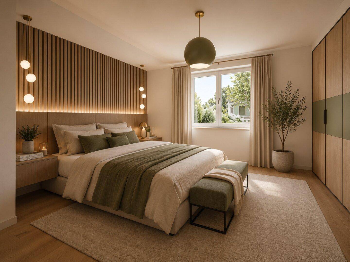 Modernes Schlafzimmer mit Holzwandverkleidung, großem Bett und integriertem Kleiderschrank.
