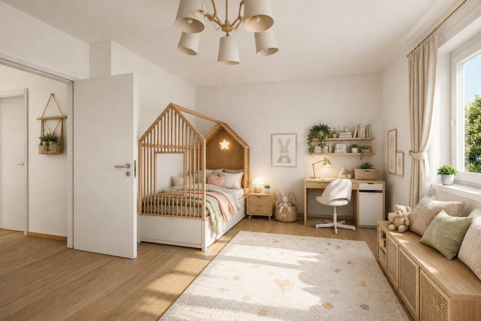 Helles Kinderzimmer mit Holzbett im Hausdesign, Schreibtisch und viel Tageslicht.