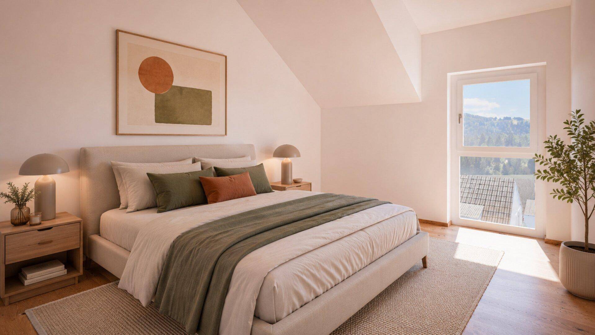 Helles Schlafzimmer mit Dachschräge, Holzboden und weitem Blick aus dem Fenster.