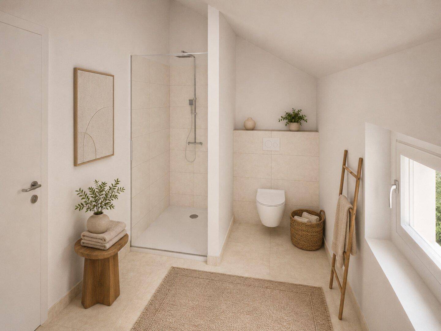 Modernes Badezimmer mit begehbarer Dusche, Wand-WC und Fenster für Tageslicht.
