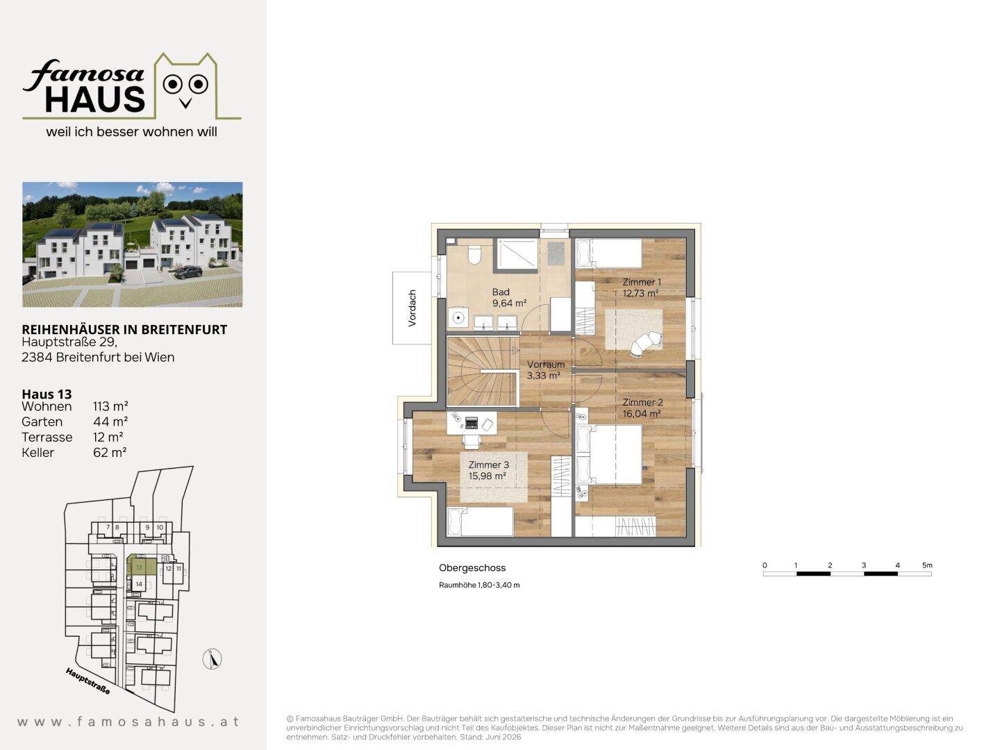 Grundriss des Obergeschosses von Haus 13 mit drei Schlafzimmern und einem Badezimmer.