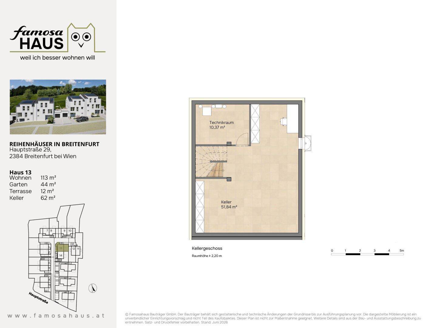 Grundriss des Kellergeschosses von Haus 13 mit großem Kellerraum und Technikbereich.