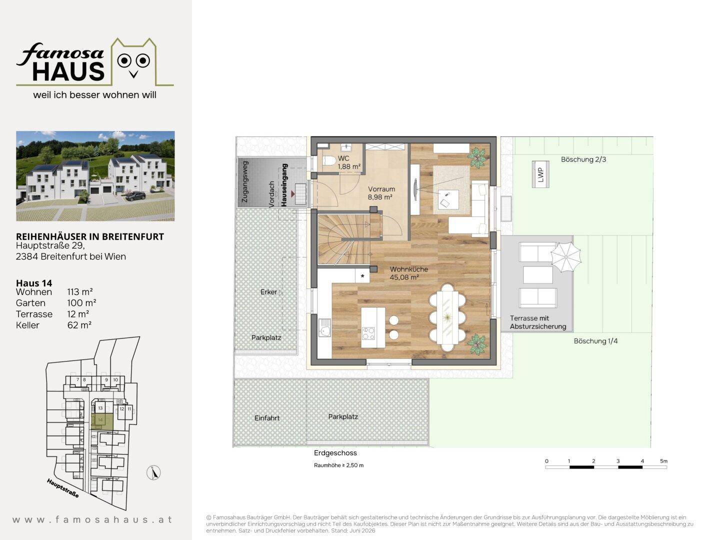 Grundriss des Erdgeschosses von Haus 14 mit offenem Wohnbereich, Terrasse und Parkplatz.