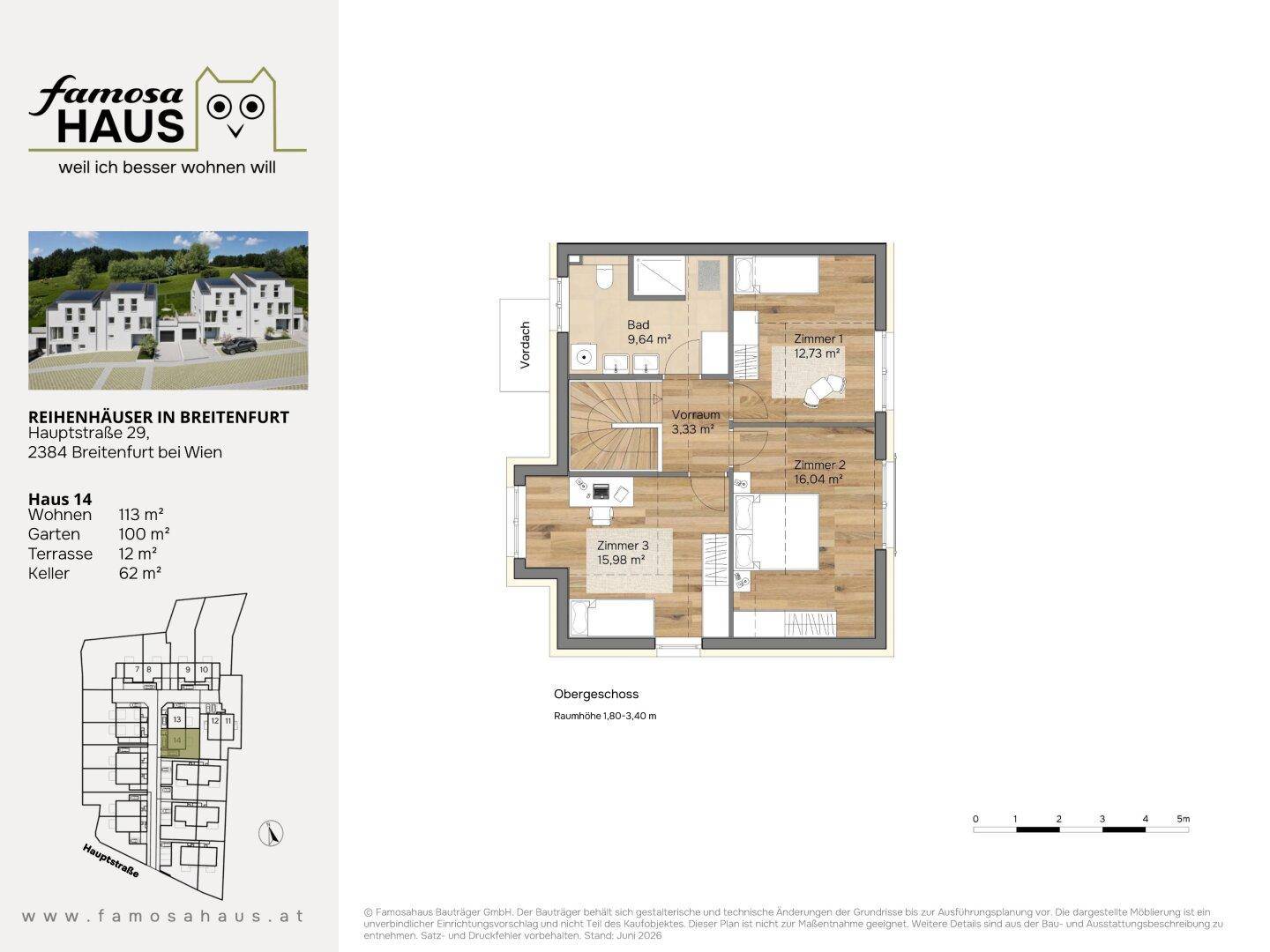 Grundriss des Obergeschosses von Haus 14 mit drei Schlafzimmern und einem Badezimmer.