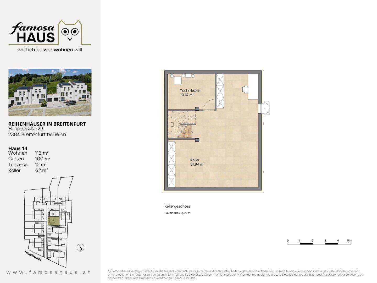 Grundriss des Kellergeschosses von Haus 14 mit Technikraum und Kellerabteil.