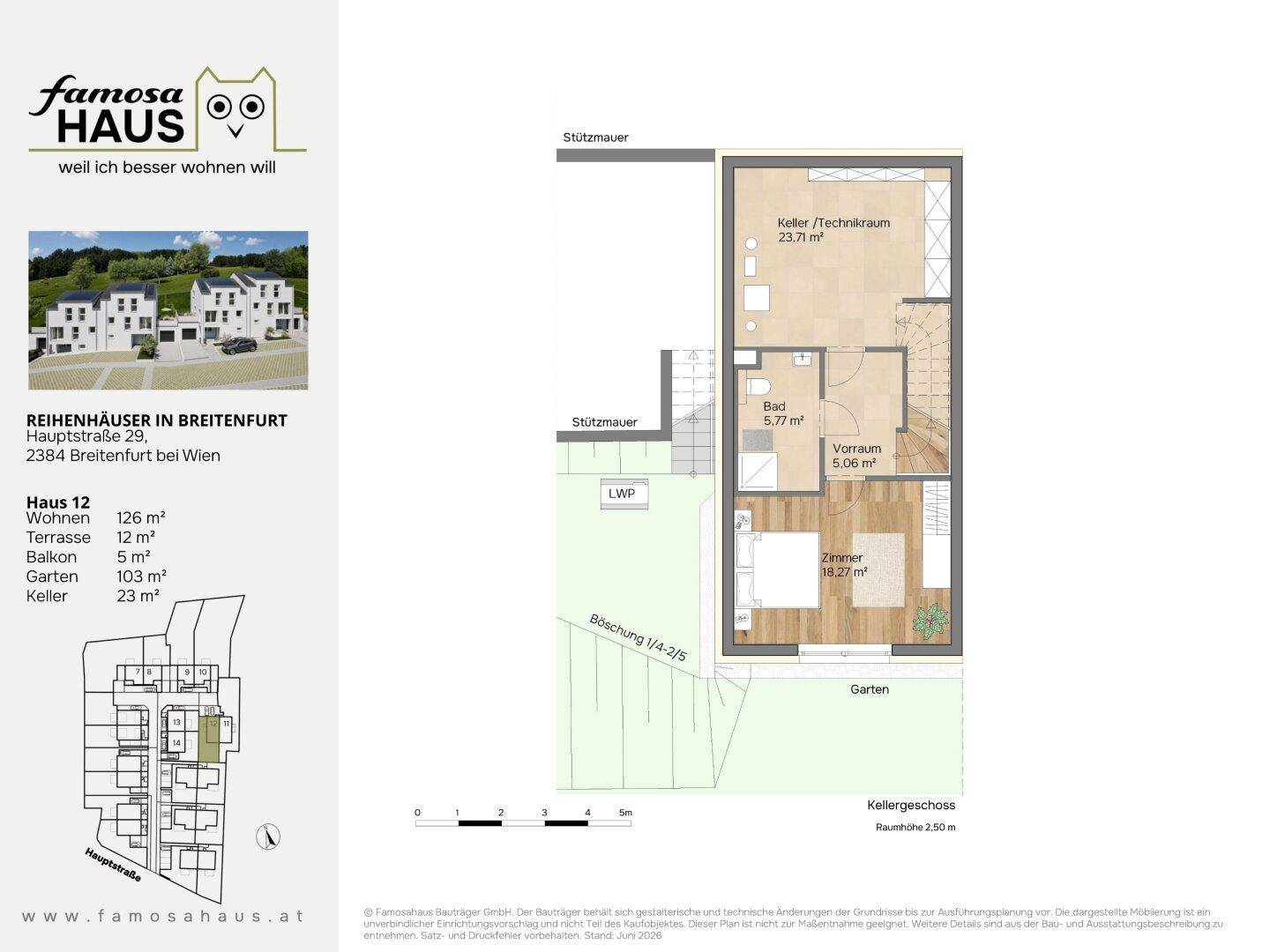 Grundriss des Kellergeschosses mit Schlafzimmer, Badezimmer, Kellerraum und Garten.