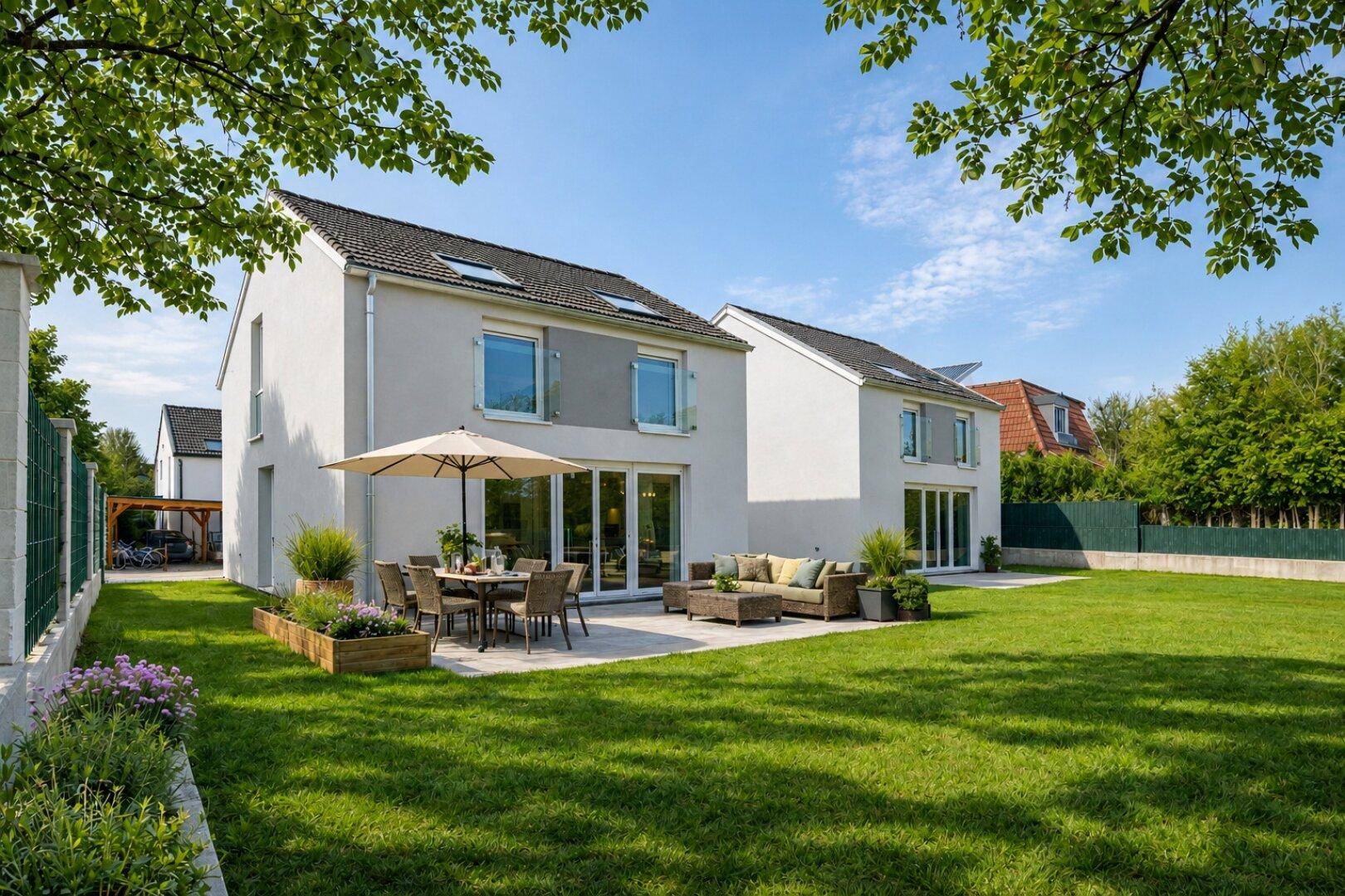 Moderne Doppelhaushälfte mit großer Terrasse, Gartenmöbeln und weitläufiger Rasenfläche.