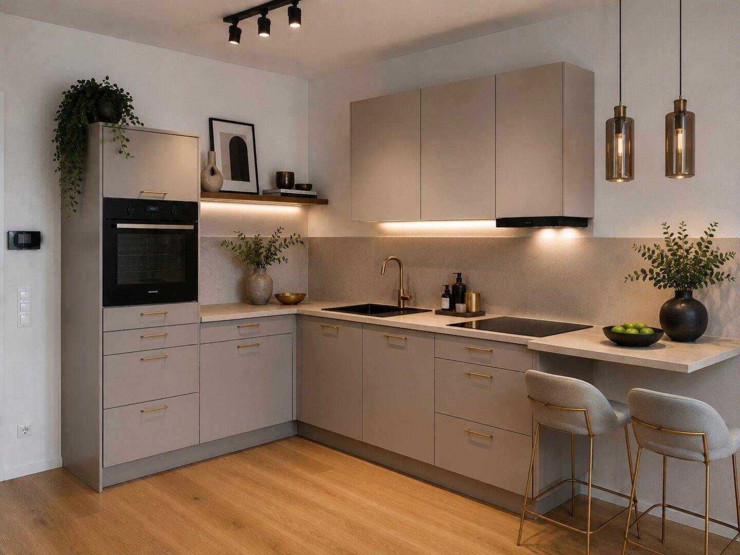 Moderne Einbauküche in Grau mit integrierten Geräten, Kochinsel und Bartheke.