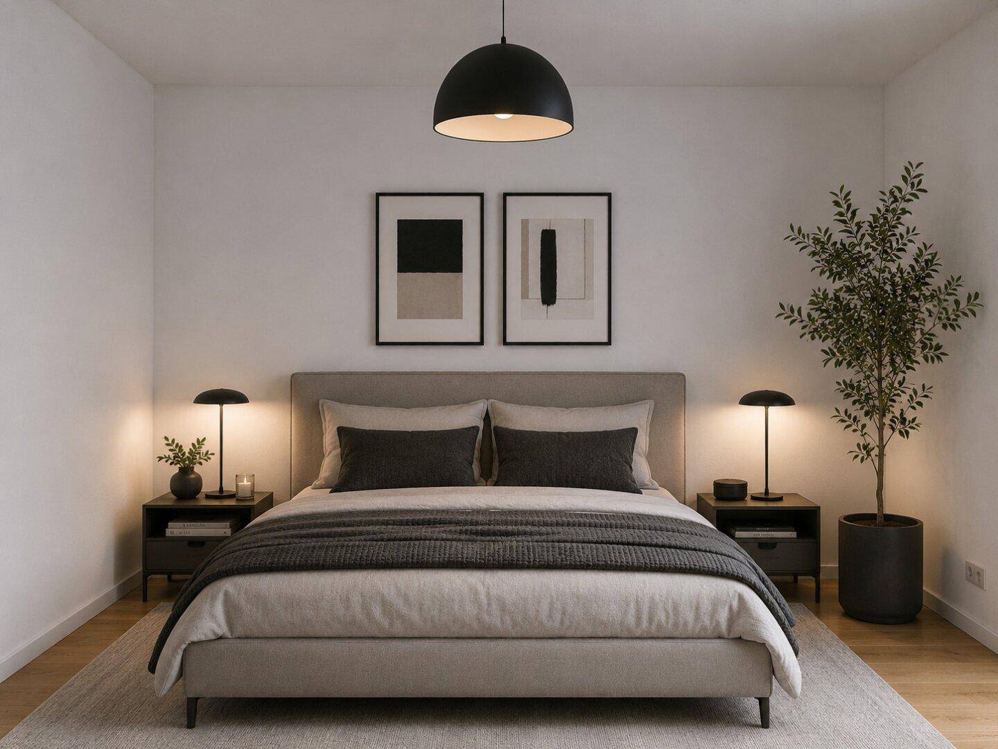 Modernes Schlafzimmer mit minimalistischer Einrichtung, großem Bett und indirekter Beleuchtung.