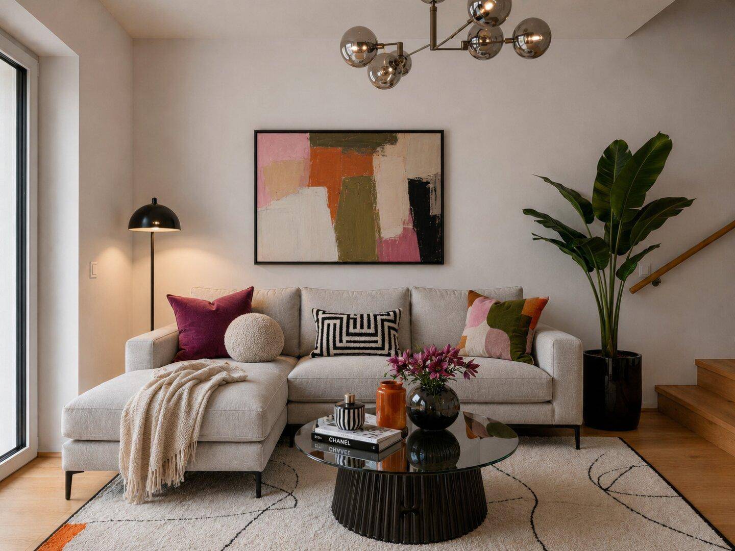 Stilvolles Wohnzimmer mit beigem Ecksofa, farbenfroher Kunst und modernen Dekorationselementen.