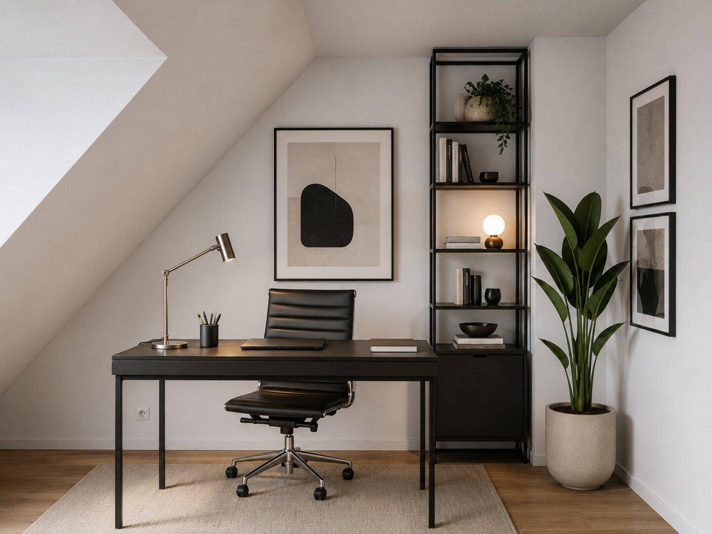 Helles Home-Office mit Dachschräge, modernem Schreibtisch und schwarzem Regal.