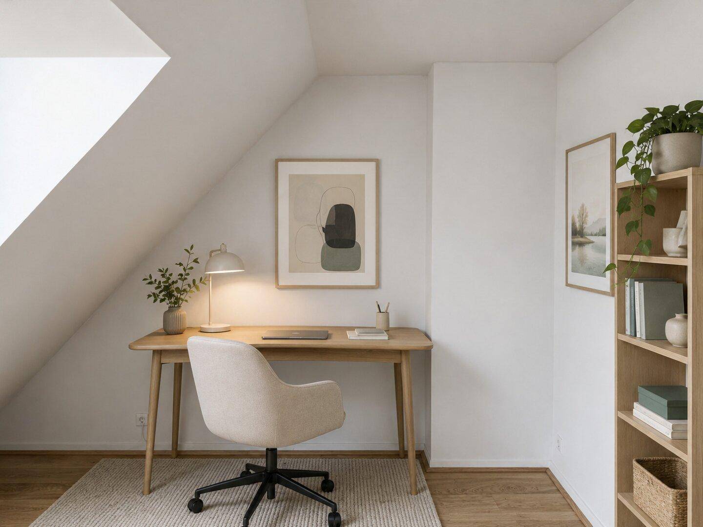 Helles Arbeitszimmer im Dachgeschoss mit Schreibtisch, Regal und Dachschräge, ideal für konzentriertes Arbeiten.