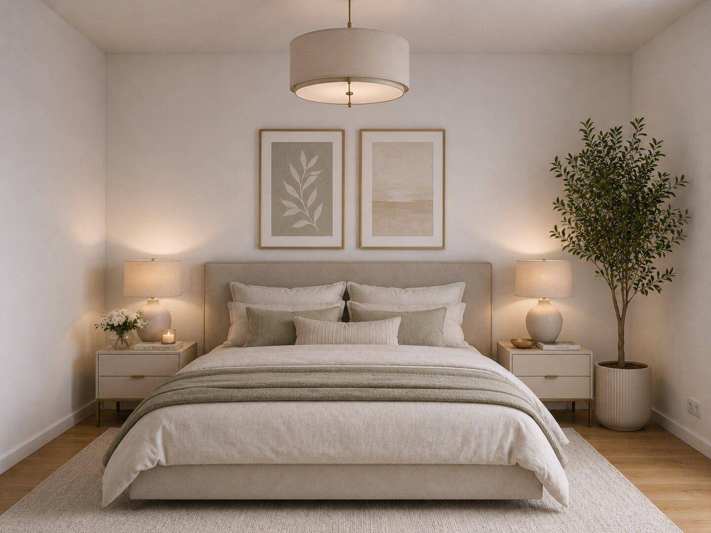 Ruhiges Schlafzimmer mit großem Bett, Nachttischen und stimmungsvoller Beleuchtung, in neutralen Farbtönen gehalten.