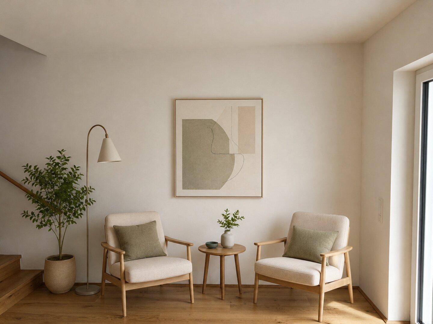 Gemütlicher Wohnbereich mit zwei bequemen Sesseln, einer Stehlampe und einem modernen Kunstwerk an der Wand.