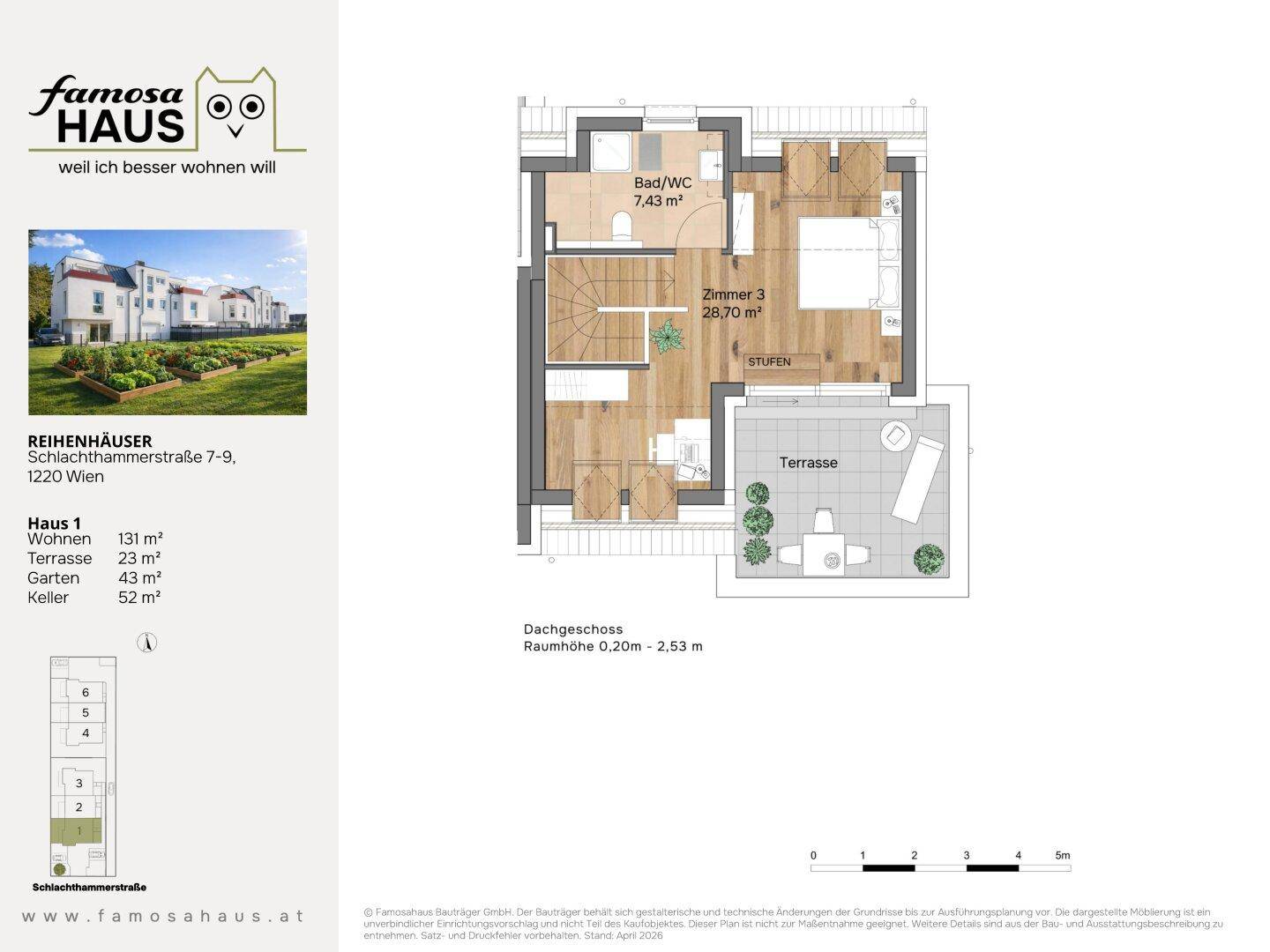 Grundriss des Dachgeschosses mit großem Zimmer, Badezimmer und einer weitläufigen Dachterrasse.