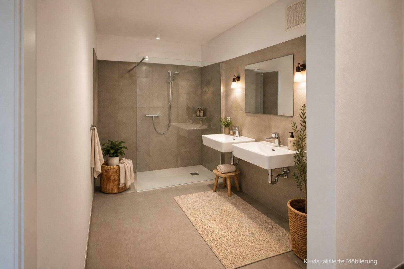 Modernes Badezimmer mit zwei Waschbecken, großer ebenerdiger Dusche und grauen Fliesen.