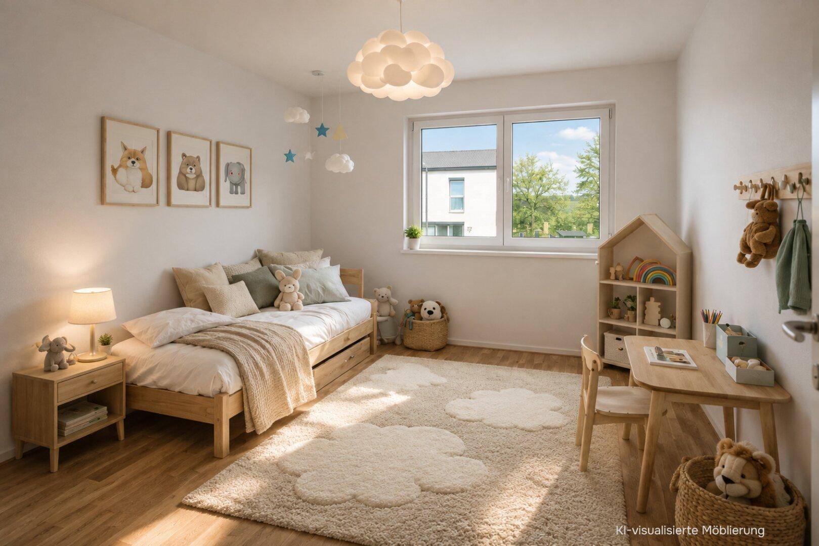 Freundliches Kinderzimmer mit Holzboden, Einzelbett und einem Schreibtisch am Fenster.