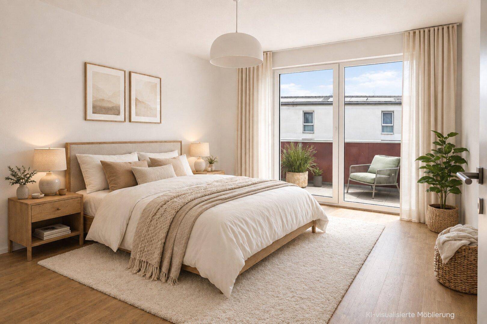 Gemütliches Schlafzimmer mit Doppelbett, Holzboden und direktem Zugang zu einem Balkon.
